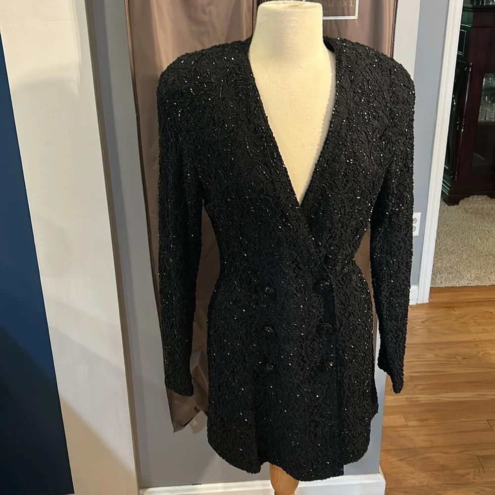 Carmen Marc Valvo for Henri Bendel gorgeous Black lace beaded evening jacket sz8 - Picture 2 of 16